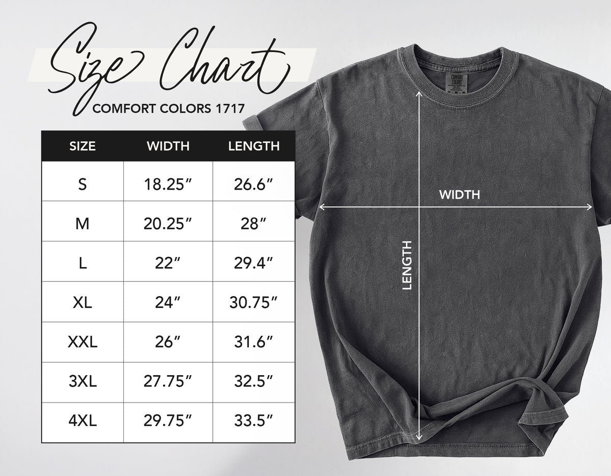Comfort Colors 1717 T-shirt size guide with garment measurements by size. 
