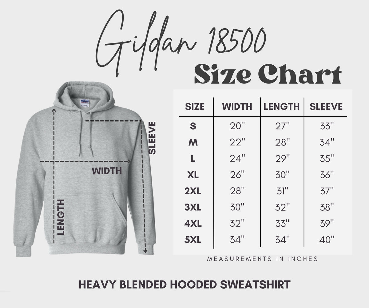 Gildan 18500 size chart for heavy blended hooded sweatshirt with measurements.