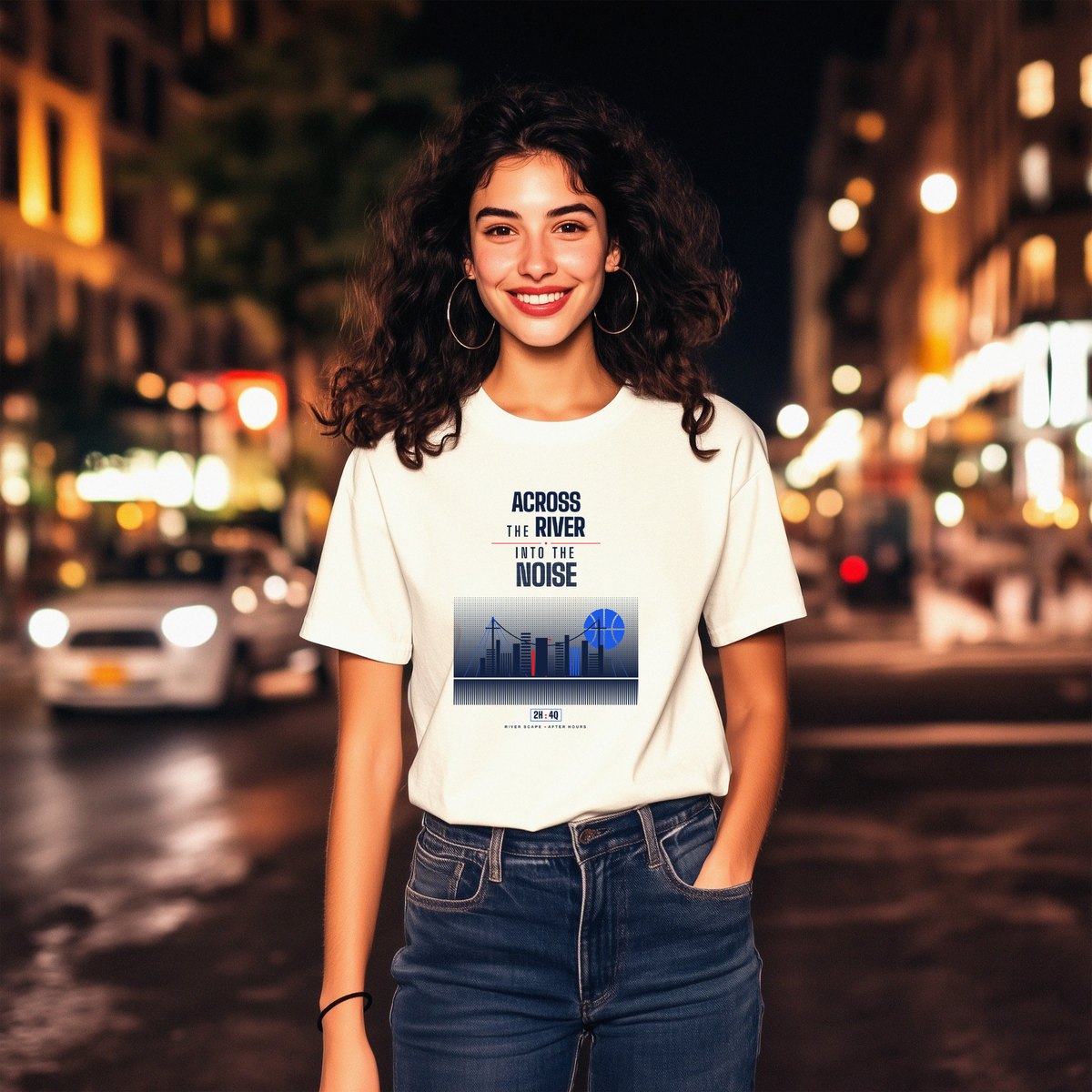 Lifestyle photo of the white Across the River T-shirt by Riverline Supply Co., worn out on the town.