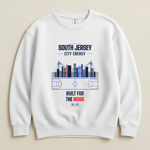 A white crewneck sweatshirt with a graphic print on the front featuring a basketball court design, a city skyline, and the text 'SOUTH JERSEY CITY ENERGY' and 'BUILT FOR THE NOISE'.