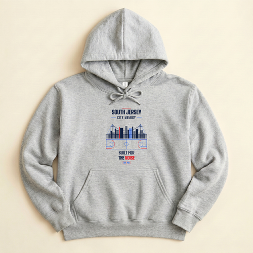 Sport Grey Built for the Noise hoodie by Riverline Supply Co., shown flat, featuring the South Jersey game-night graphic with a skyline, bridge and court.