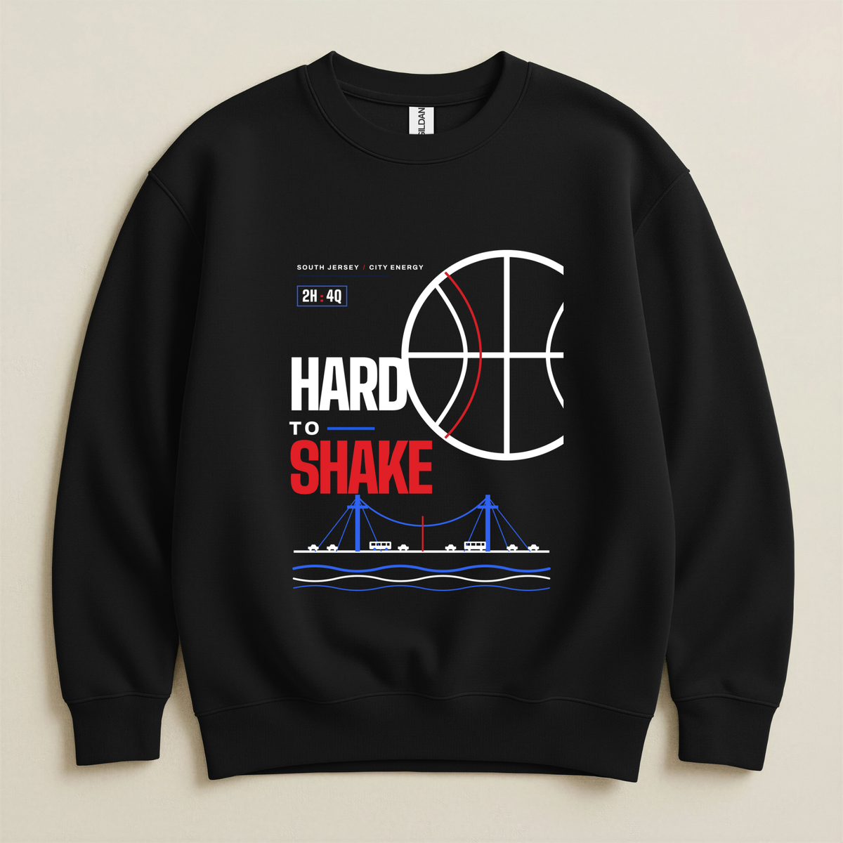 A black crewneck sweatshirt with a graphic print on the front featuring a basketball, the text 'HARD TO SHAKE', a bridge illustration, and small text reading 'SOUTH JERSEY CITY ENERGY' along with '2H:4Q' time clock.