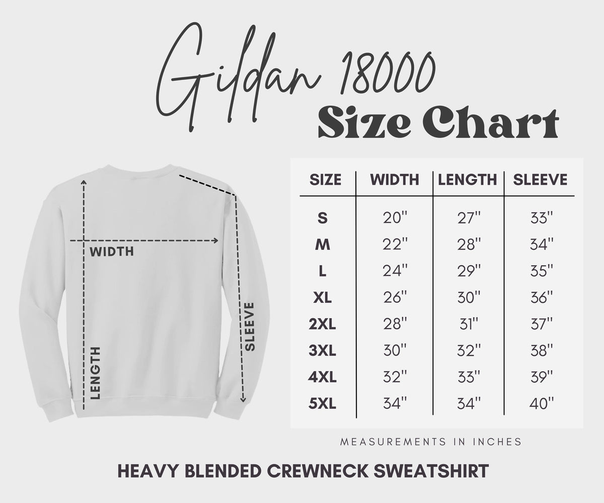 Gildan 18000 crewneck size guide with width, length and sleeve measurements for sizes S–5XL.